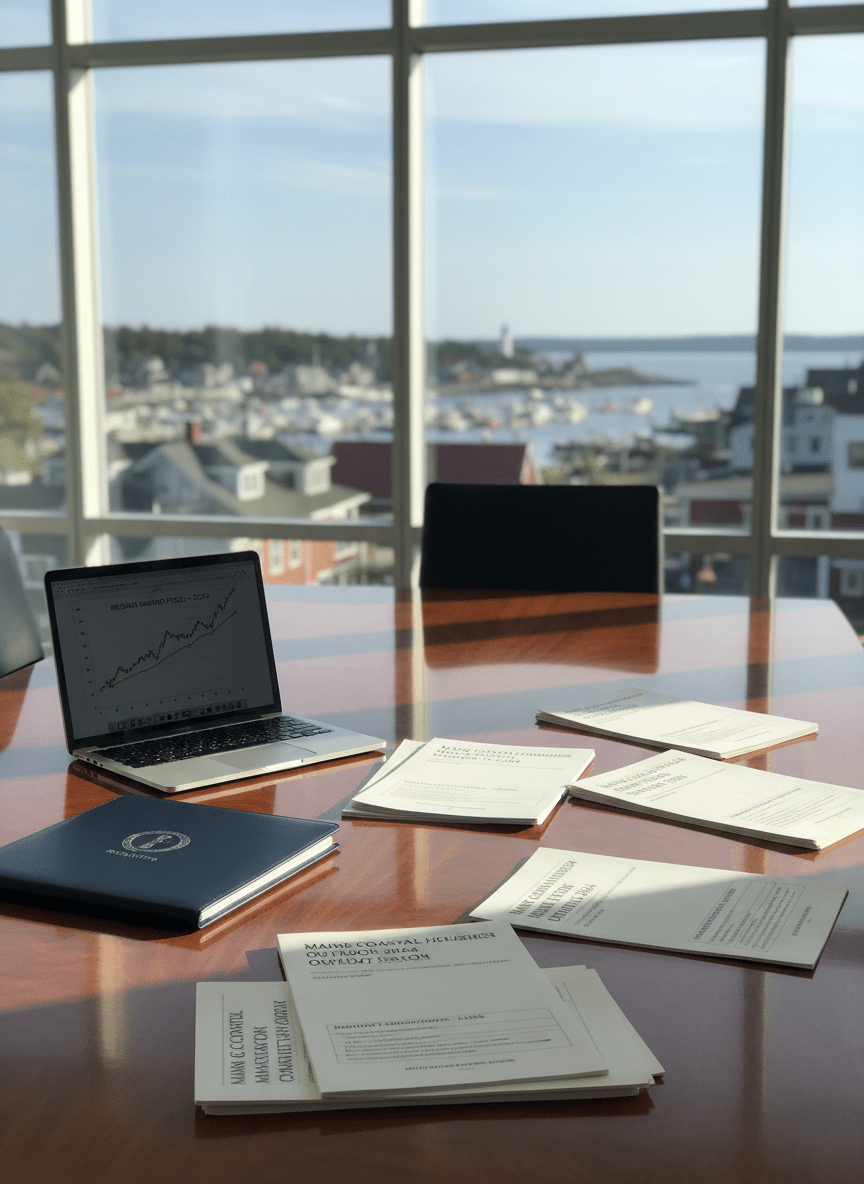 A polished wooden conference table in a bright, modern office overlooking a coastal Maine town, scattered with neatly stacked real estate market reports, a silver laptop displaying a housing price graph, and a navy-blue folder embossed with a subtle REALTOR® symbol. Large windows frame a blurred harbor and rooftops in the background. Soft morning sunlight streams in, creating crisp reflections on the table’s varnished surface and gentle shadows along report edges. Photographic realism, shot at eye level with a shallow depth of field so the documents and laptop are sharply in focus while the cityscape is softly blurred, conveying a professional, analytical, and trustworthy atmosphere suitable for a statewide real estate news publication.